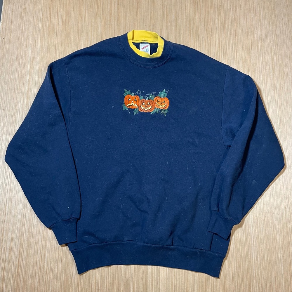 Jerzees Sweatshirt Mens Large Navy Vintage Halloween Pumpkin Embroidered USA